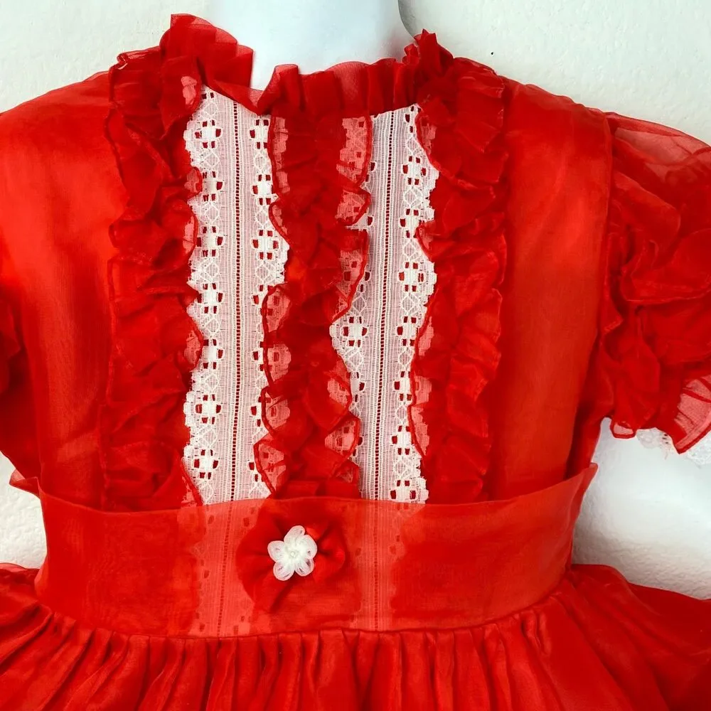 Vintage Girls Red Nylon Chiffon Dress Lace Puff Sleeve Holiday Christmas Size 6